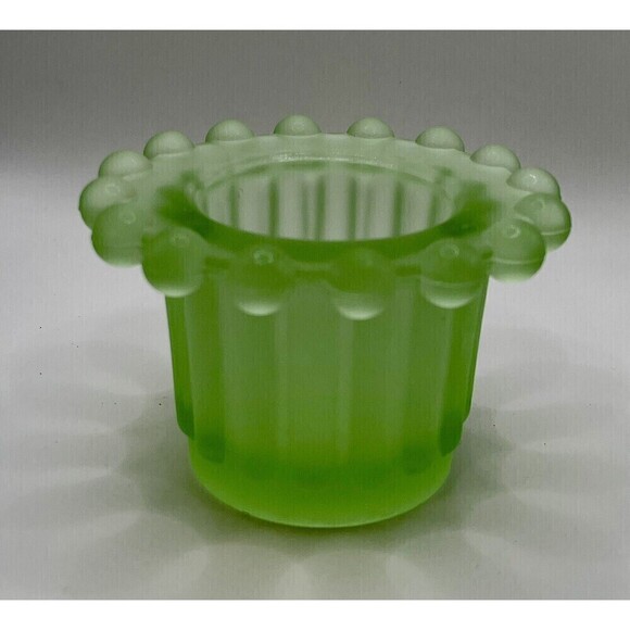 VINTAGE GREEN FROSTED GLASS Candle Holder, Ball Bead Rim, Footed, Votive - Picture 2 of 7